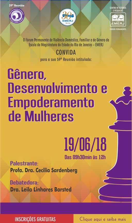 Cartaz para Gênero, Desenvolvimento e Empoderamento de Mulheres dia 16/06/2018 de 09h30m às 12h
